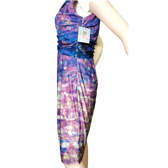 Suzi Chin Sm Y2k Dress Drape Neck Knee Length Sheath Tie-dye Bodycon Dead Stock - Picture 10 of 14